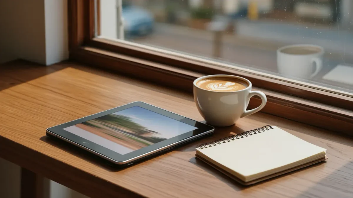 Cafe table by a window with an e-reader, coffee cup, and notebook