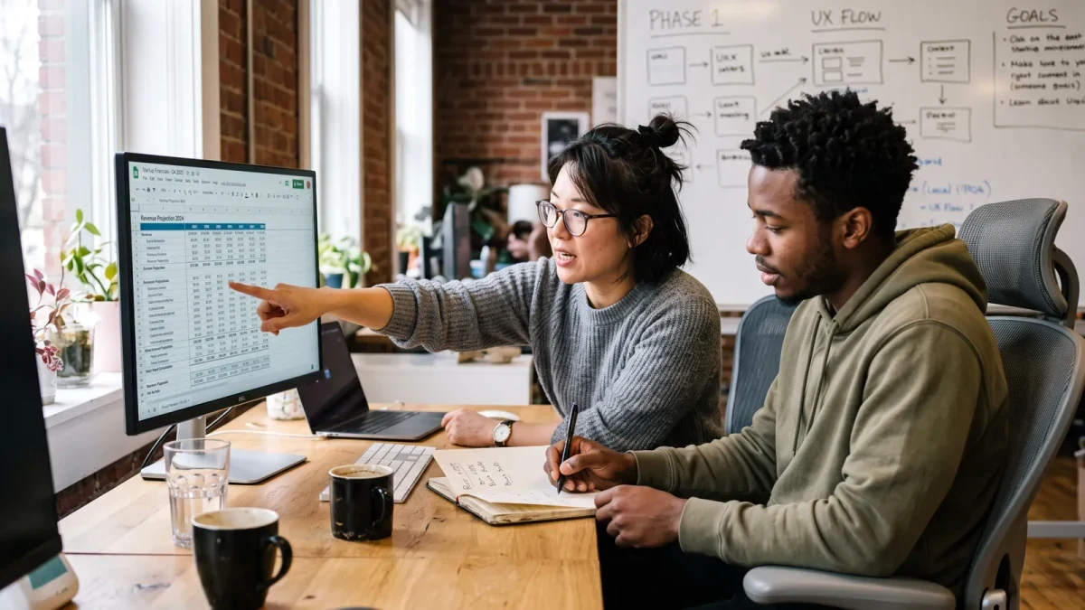 Two founders reviewing spreadsheet projections on a monitor in a small office