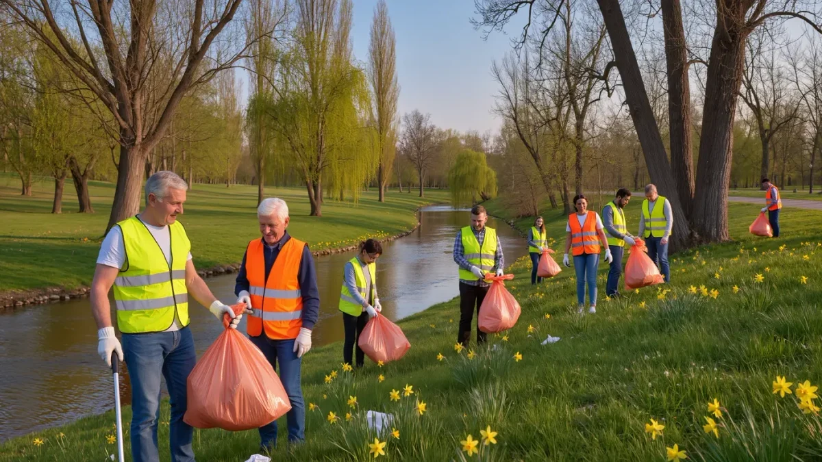 Neighbors wearing gloves collecting litter in a park