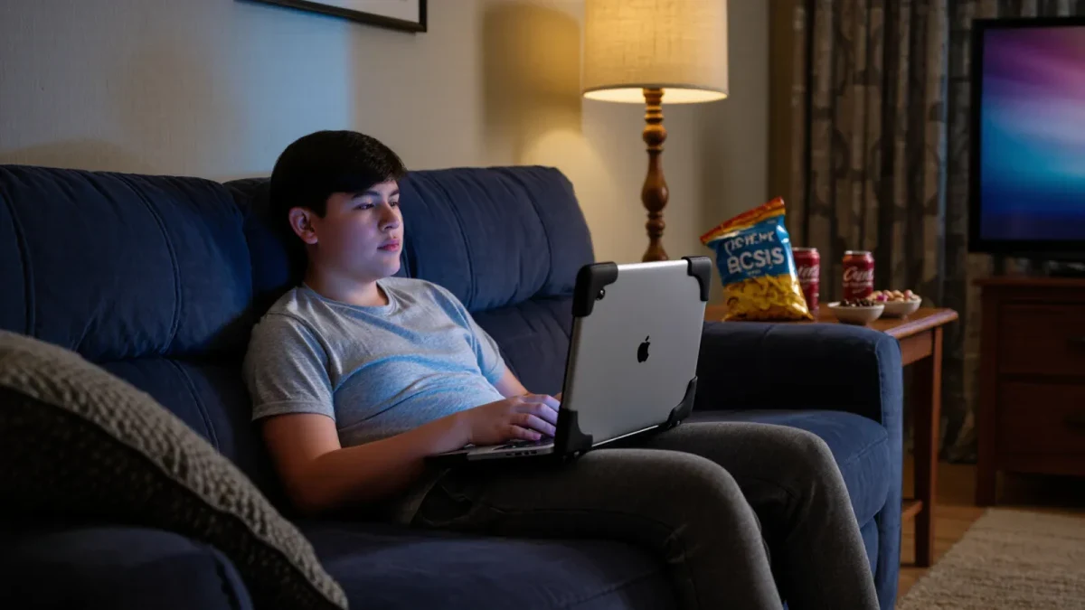 Teenager using a school Chromebook on a couch at night
