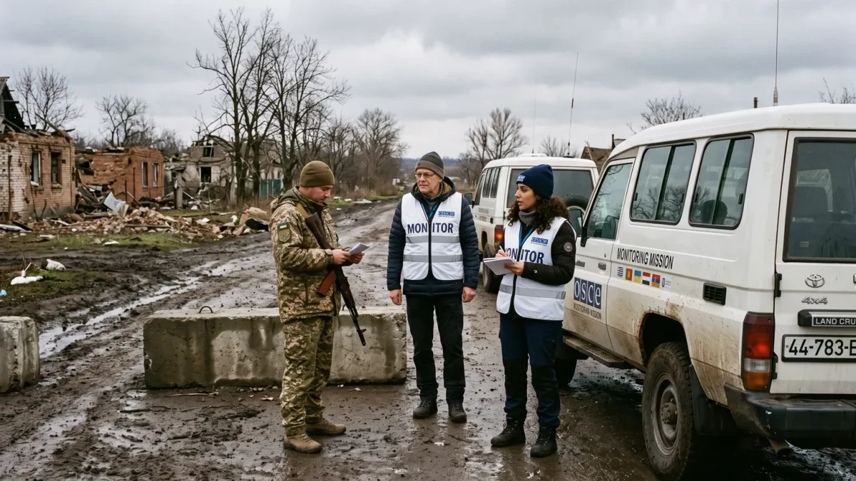 Monitoring team in white vehicles stopped at a muddy checkpoint barrier