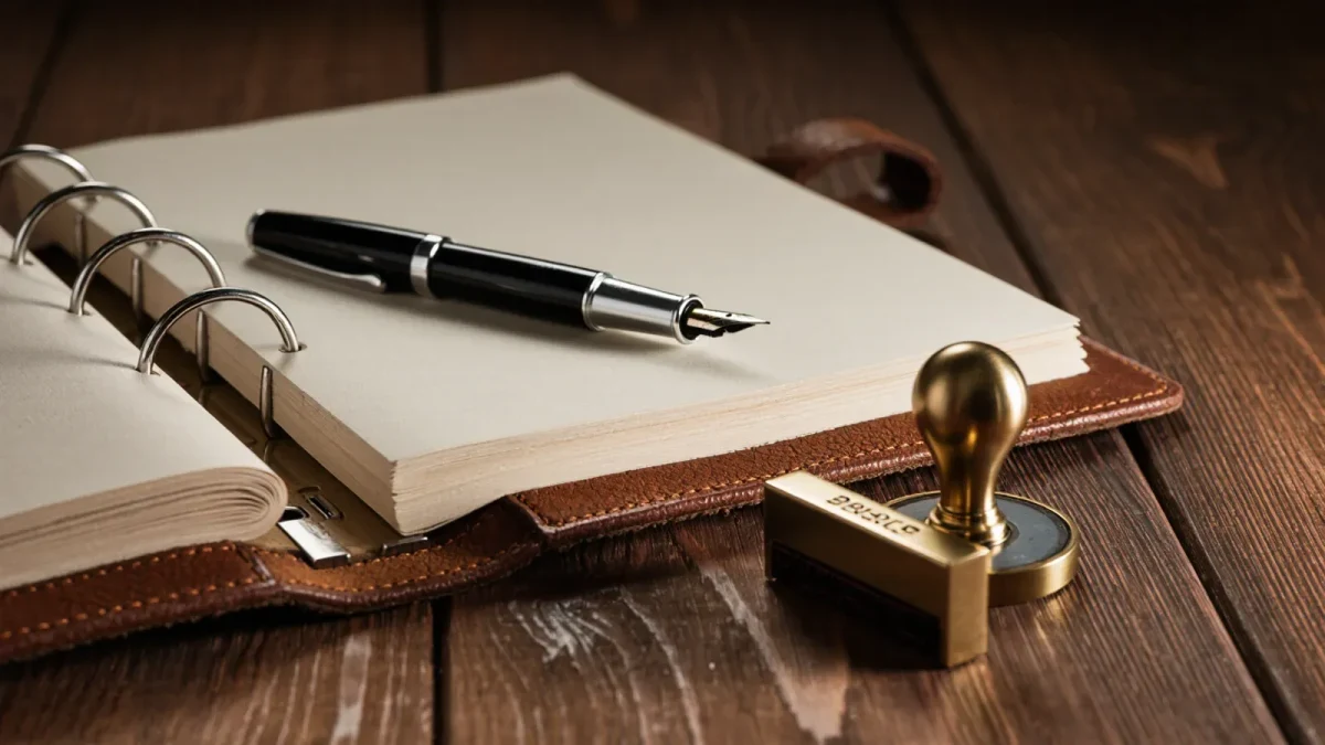 A leather contract folder on a desk with a pen and stamp