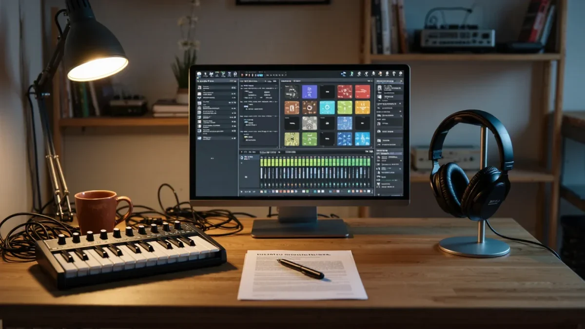 Quiet home studio desk with licence agreement beside a glowing DAW screen