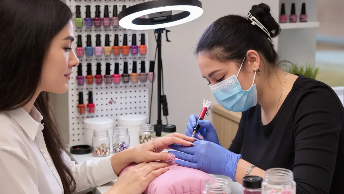 Nail technician painting an intricate design on a client's hand in a bright independent studio