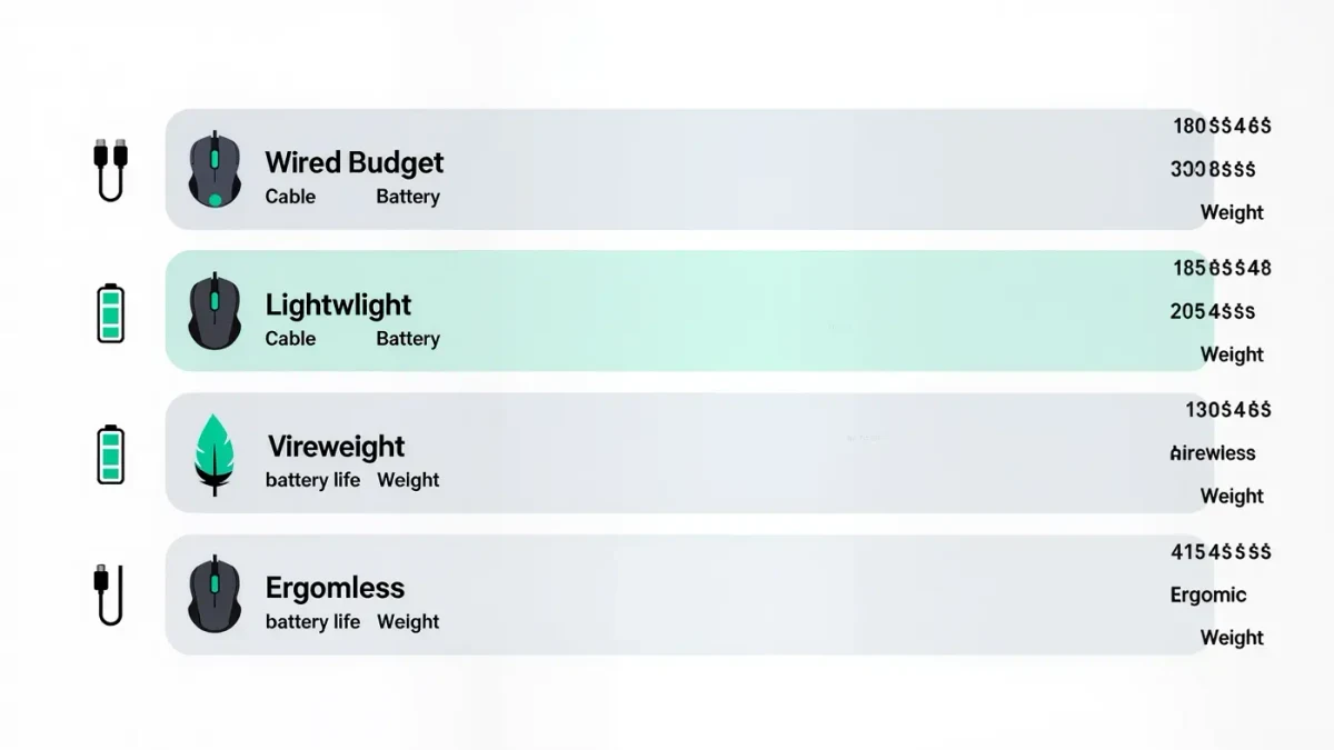 Infographic chart comparing budget gaming mouse price tiers and specs