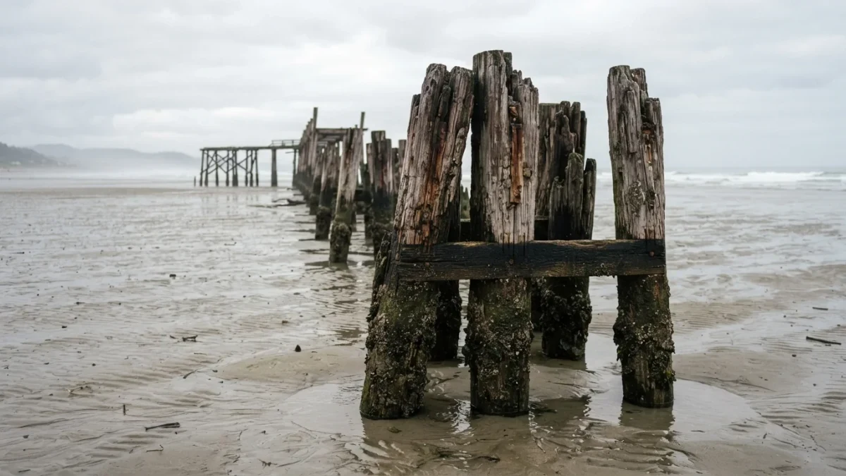Weathered pier pilings at low tide showing a dark high-water mark line