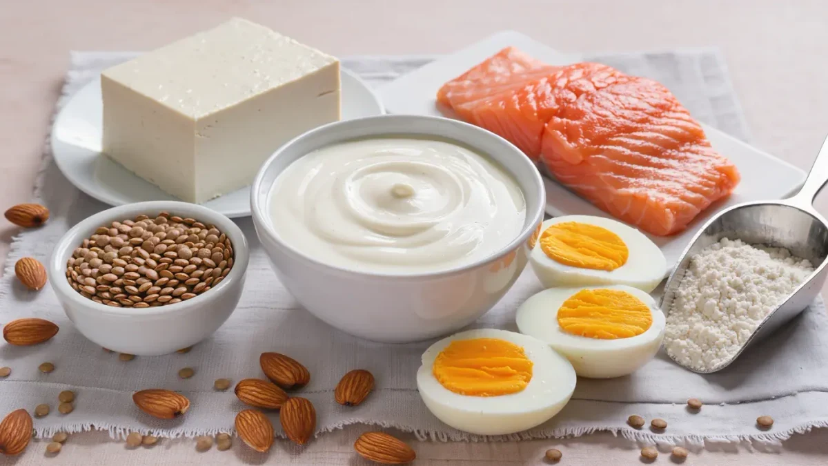 Close-up of high-protein foods arranged on a pale linen surface