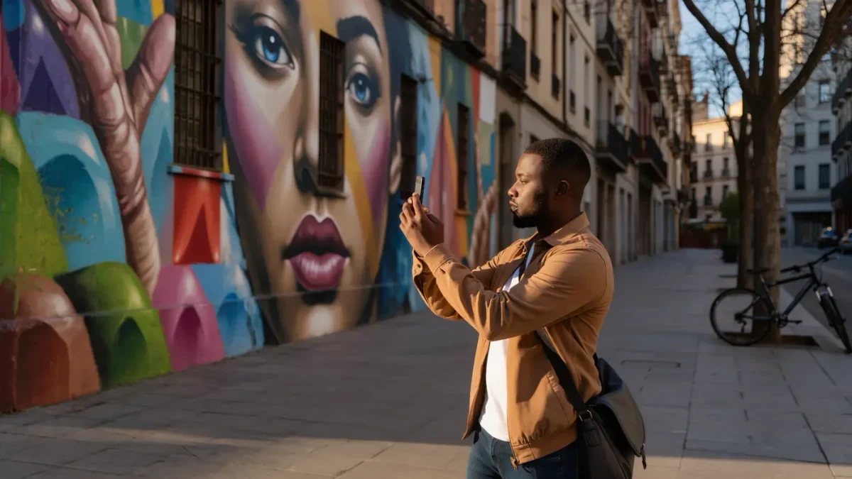 Street photographer capturing a mural with his phone in afternoon light