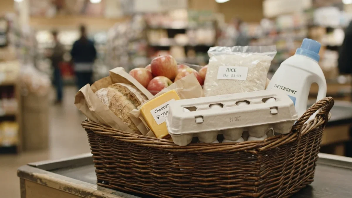 Close-up of grocery items arranged in a shopping basket
