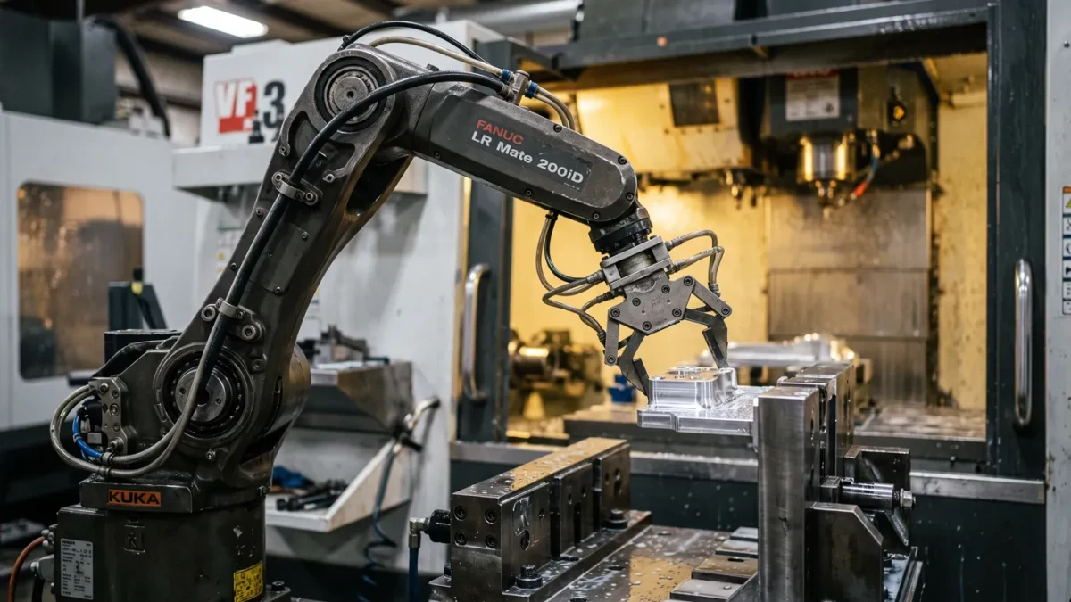 Robotic arm tending a CNC machine inside a working cell