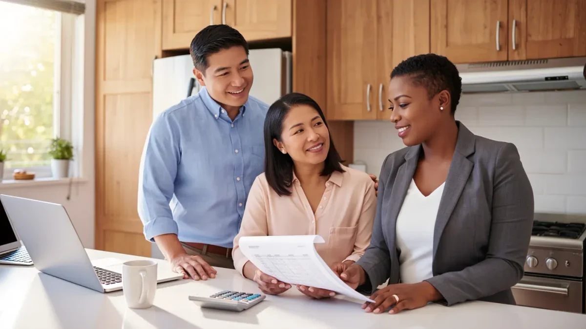 Homeowners discussing loan payment figures with a lender at a kitchen counter