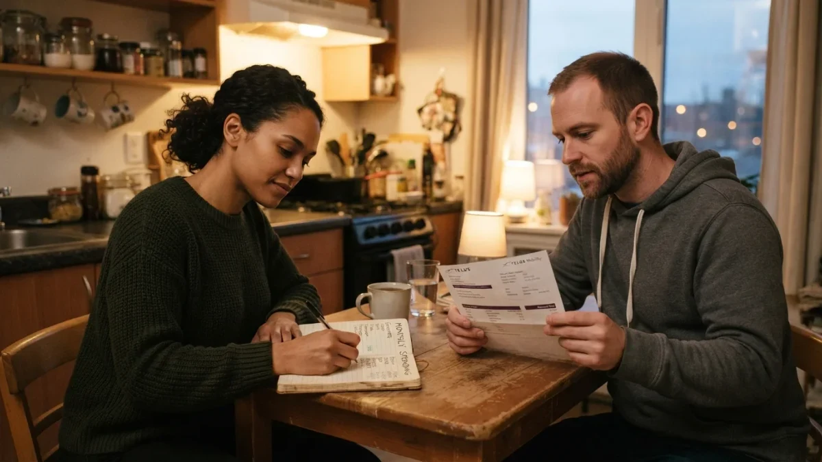 Couple listing monthly spending categories in a notebook at their kitchen table