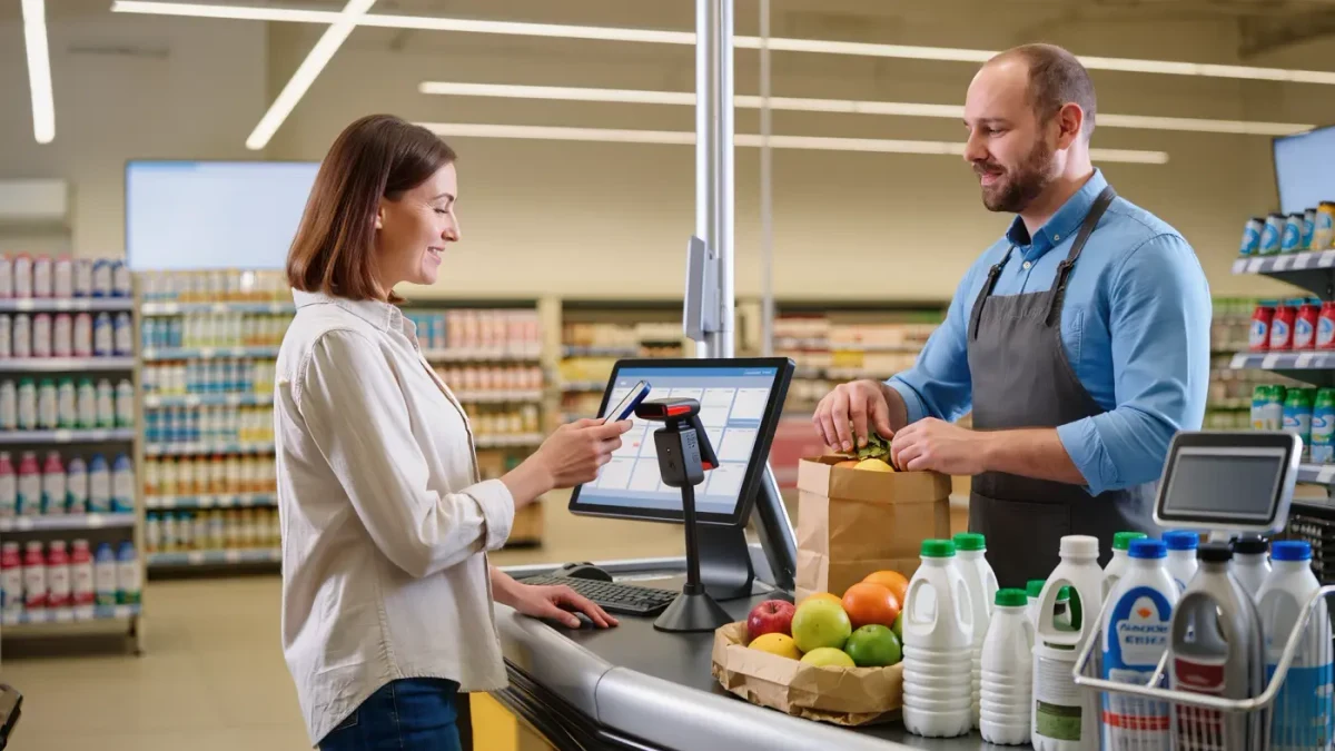 Customer scanning a phone app at a store checkout counter with cashier