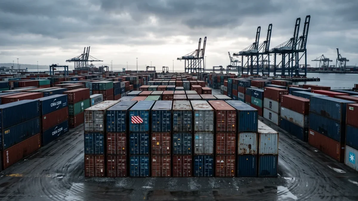 Shipping containers stacked at a commercial port cranes above, one flagged for inspection