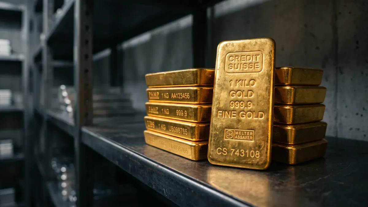 Stacked gold bars in a vault under security lighting