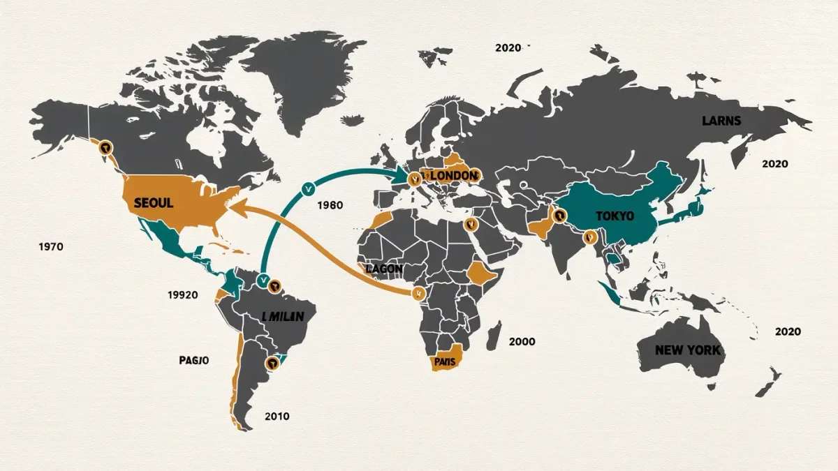 Editorial world map chart with arrows tracing style export routes between cities
