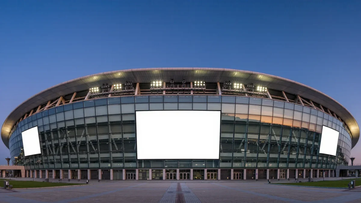 Empty modern stadium exterior under camera scaffolding at dusk