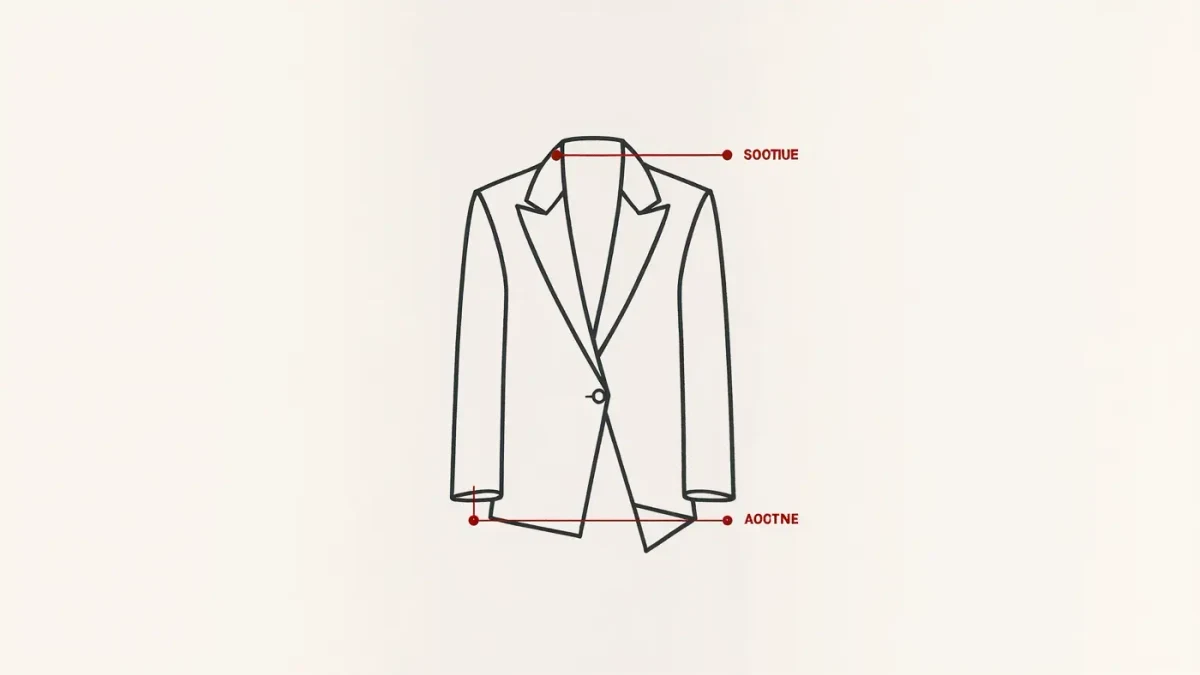 Infographic of a jacket outline with deliberate asymmetries marked in red