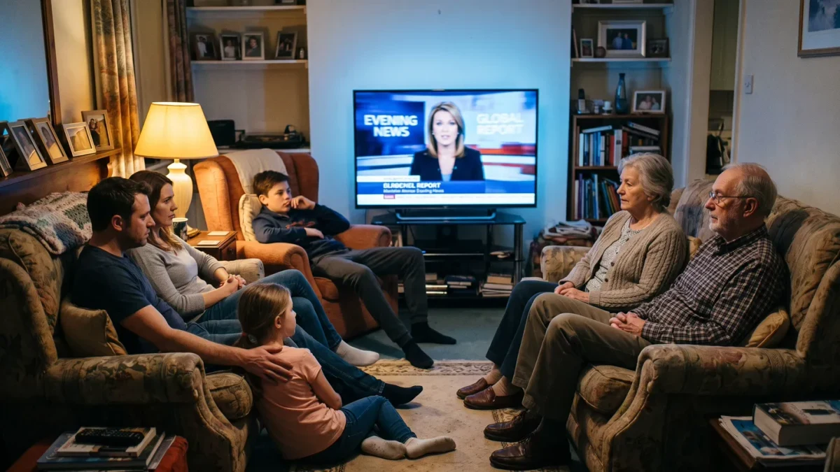 Family watching streaming news on a living room television