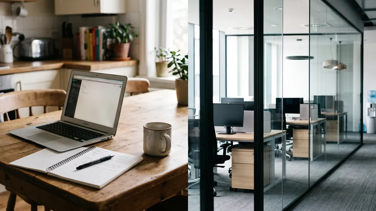 Home-office founder at kitchen table beside an empty modern office