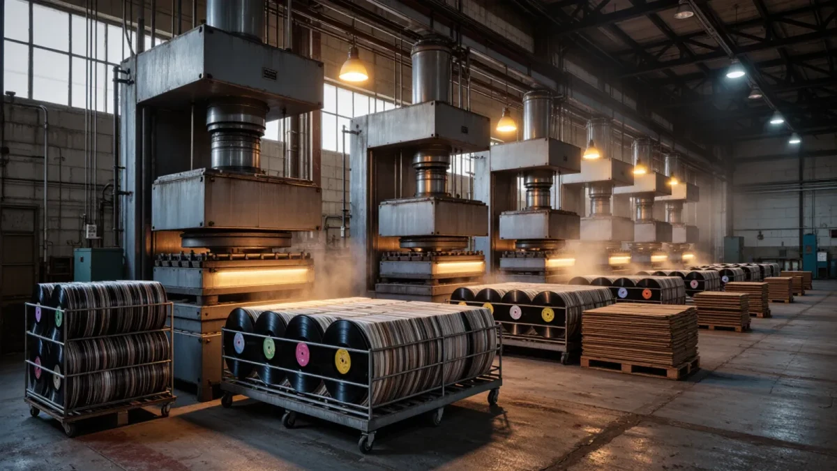 Row of hydraulic vinyl presses with fresh records cooling at shift end