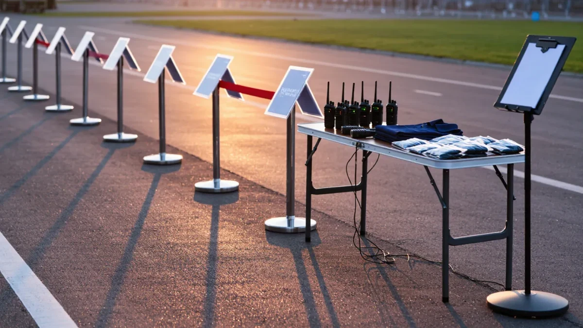 Volunteer staffing an empty festival queue barrier before opening