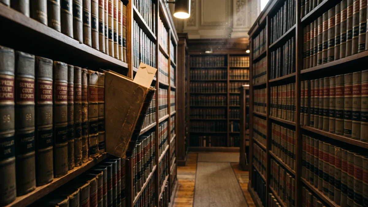 Law library reporters shelved with volume pulled for reading