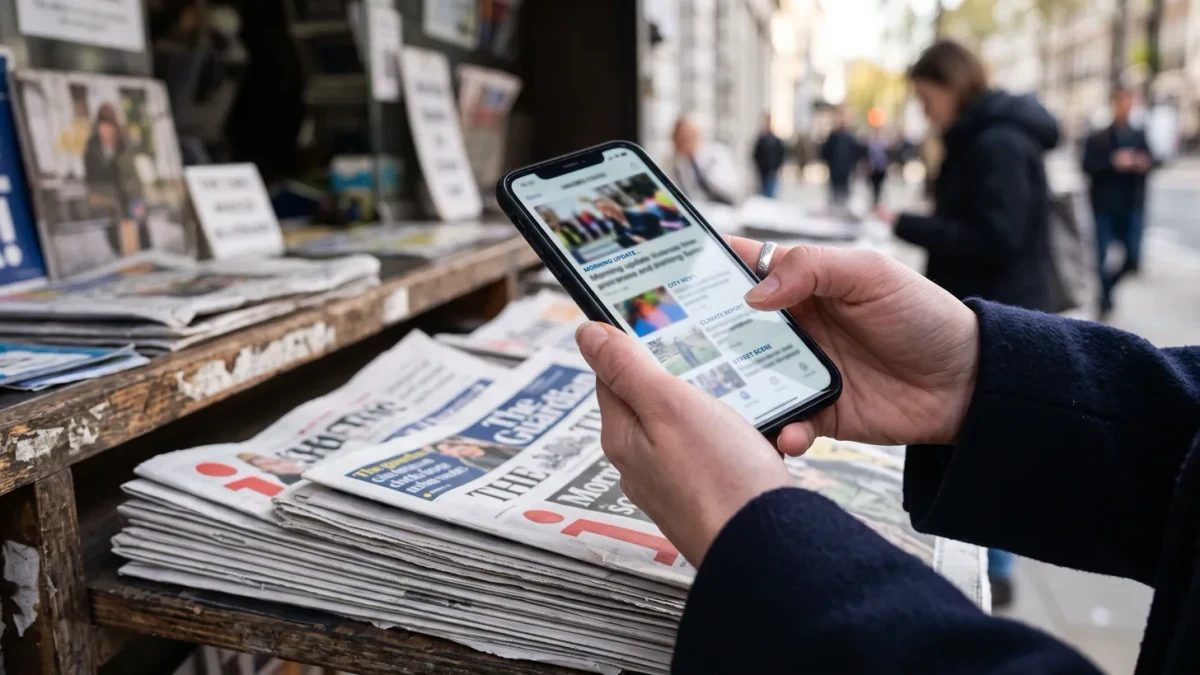 Close-up of hands holding a phone over a newsstand