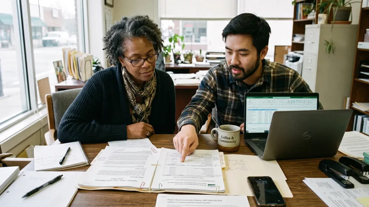 Small business owners reviewing a federal contract proposal together
