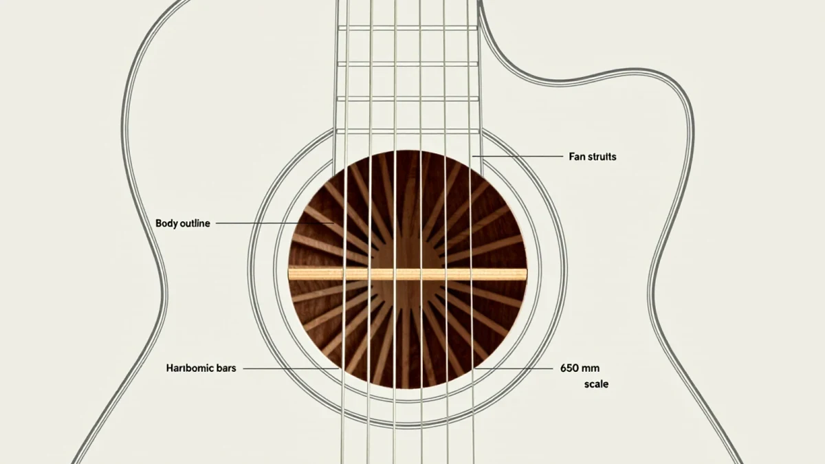 Infographic diagram of fan bracing and classical guitar body proportions