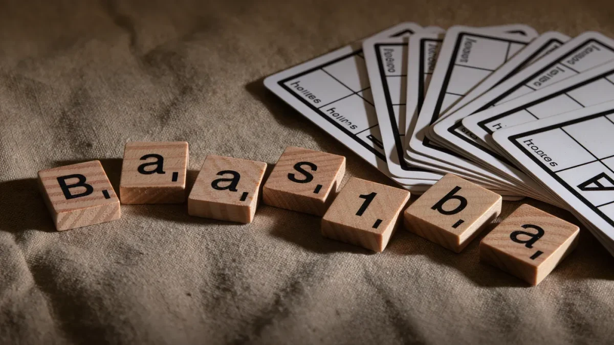 Close-up of wooden letter tiles and word cards mid-game on a table