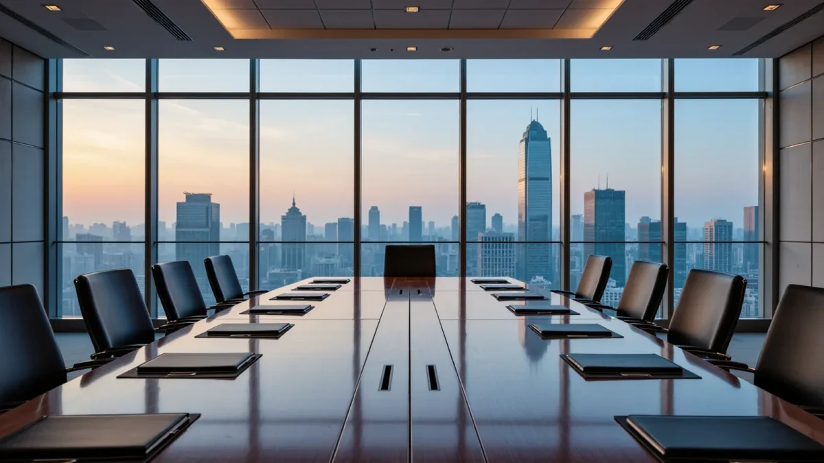 Empty boardroom the morning after a major media merger was signed