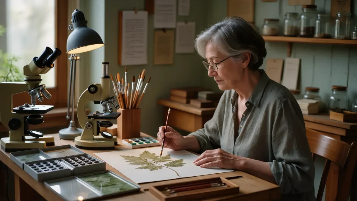 Botanical artist painting a pressed herbarium specimen at a museum workbench