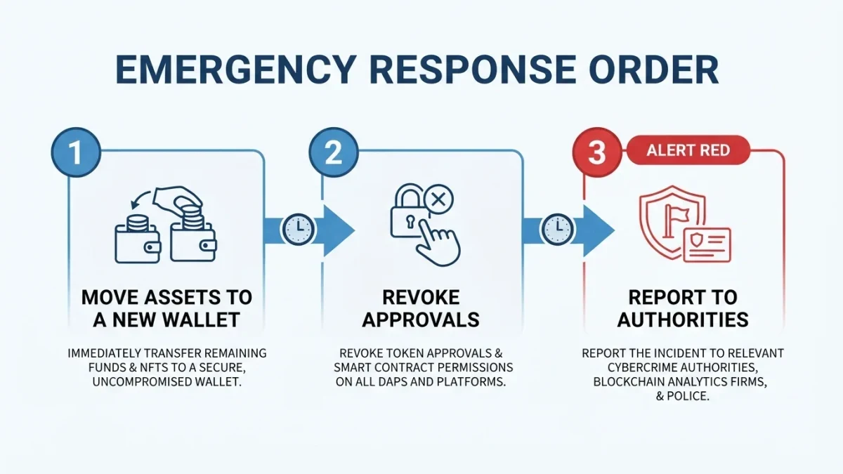 Infographic showing three emergency steps for a compromised wallet