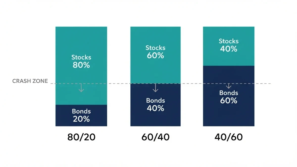 Infographic of three portfolio mixes as stacked bars of stock and bond shares