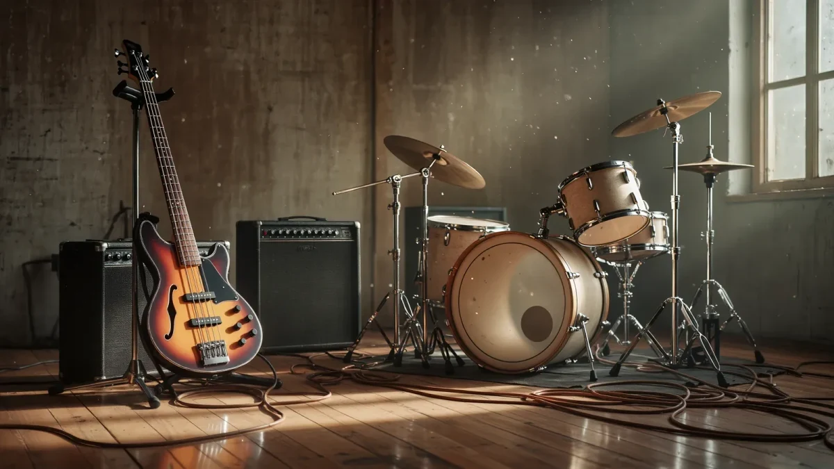 Bass guitar leaning against a drum kit in a rehearsal room