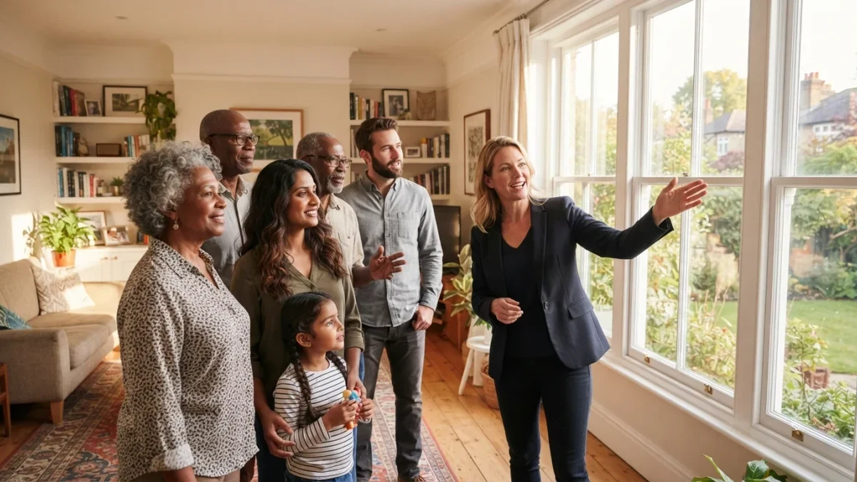 Diverse family touring an open house with a real-estate agent by tall windows