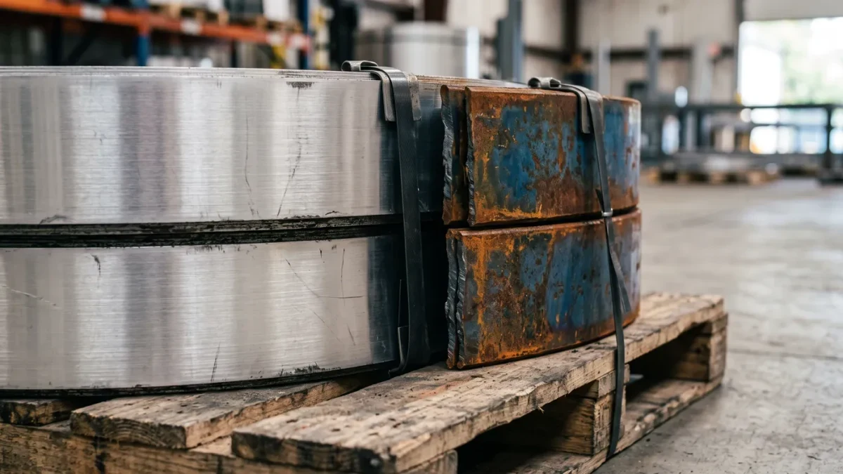 Coils of steel and aluminum sheet stacked in an import warehouse