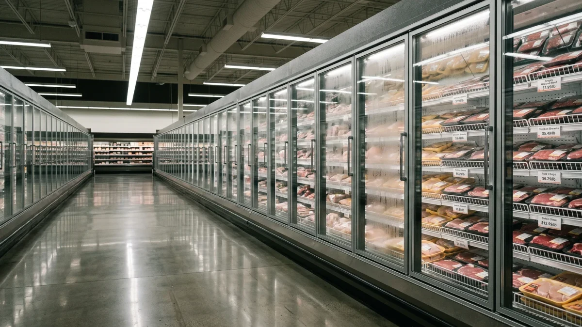 Refrigerated meat case in a supermarket, no shoppers present