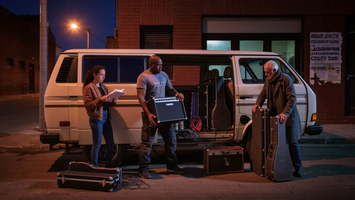 Musicians packing an amplifier into a van at night