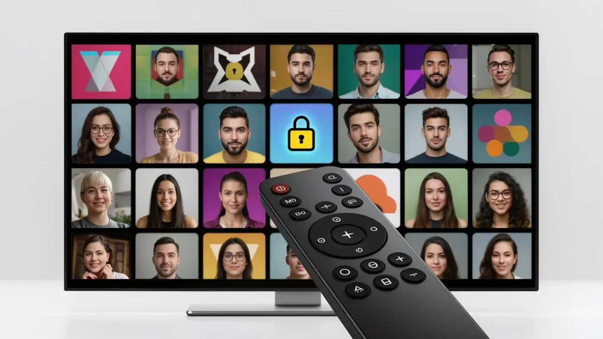 Close-up of a remote control pointing at a television showing profile tiles