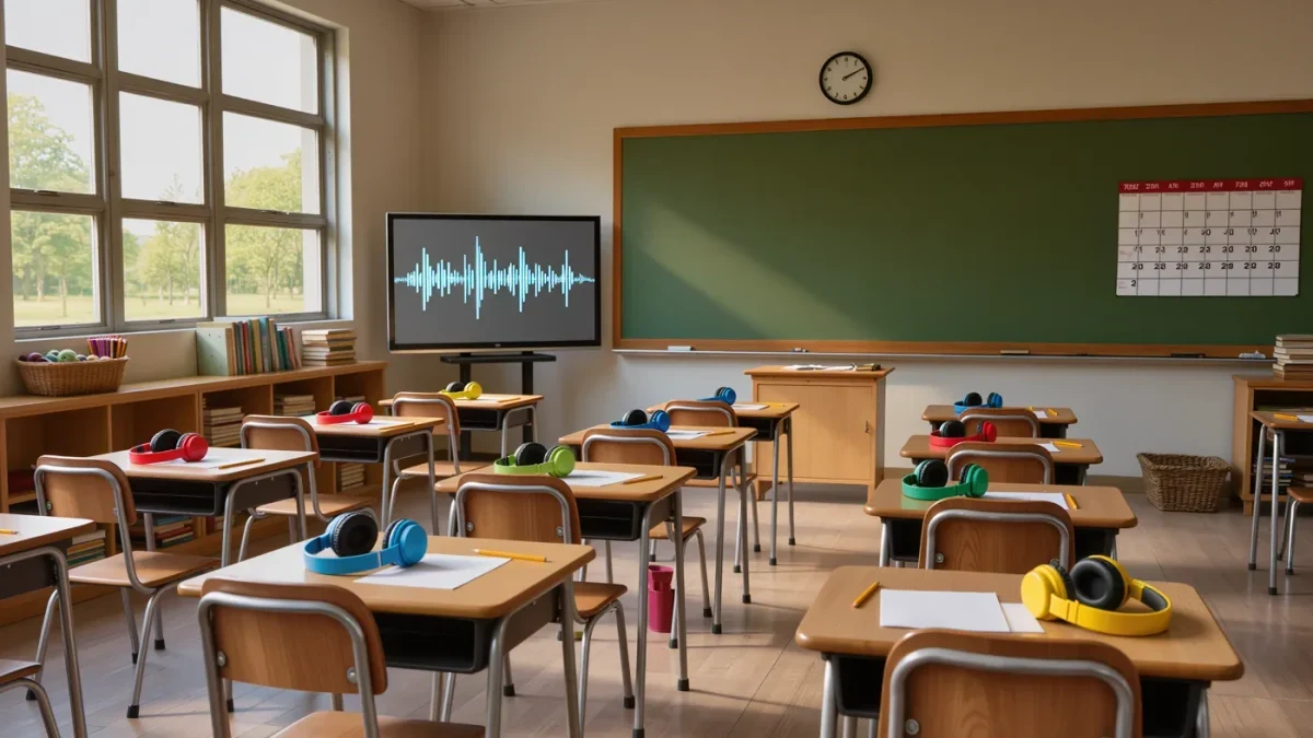 Empty elementary classroom with headphones on desks and morning light