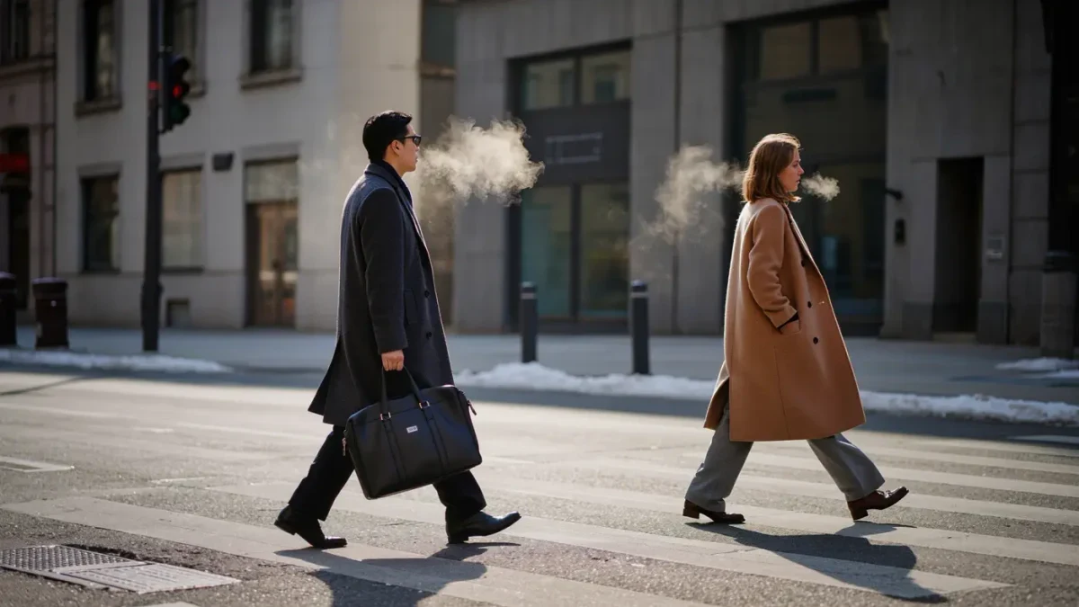 Two people in structured charcoal and camel wool coats crossing a quiet January street in cold daylight