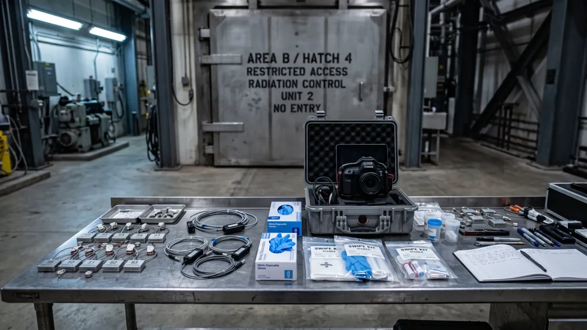 Inspection equipment table with seals, gloves and sample vials