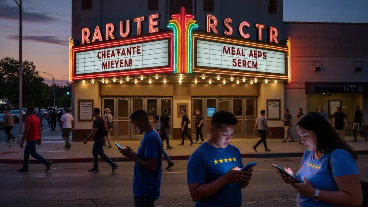 Moviegoers checking phone ratings while leaving a downtown cinema at dusk