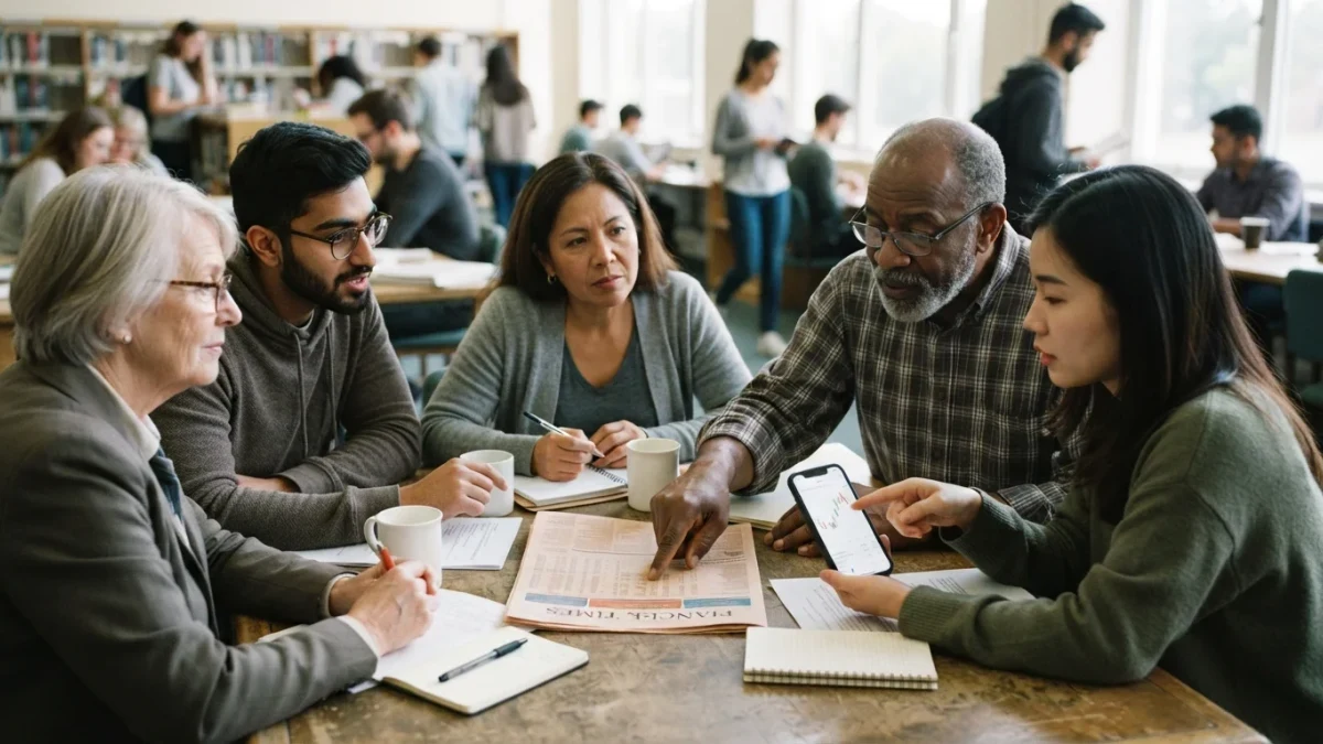 Diverse retail investors reviewing stock listings together in a library