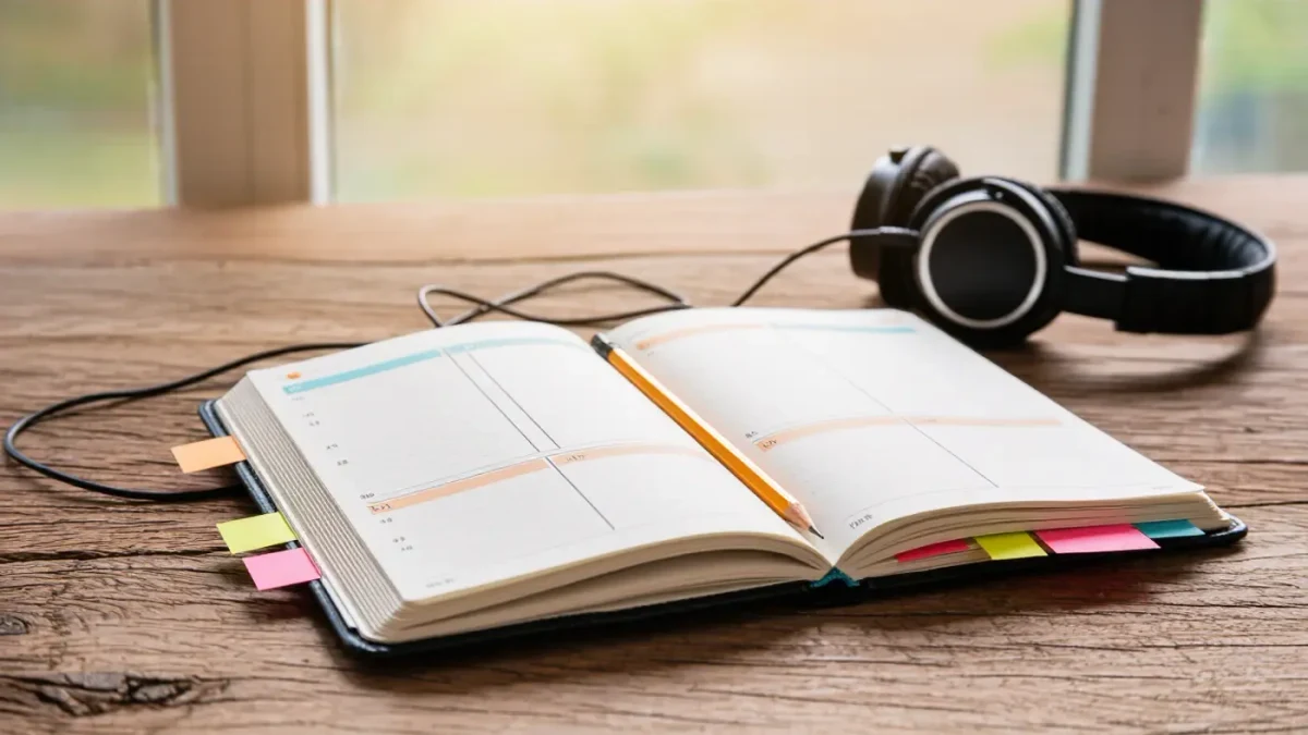 Close-up of a student planner with color-coded weekly entries