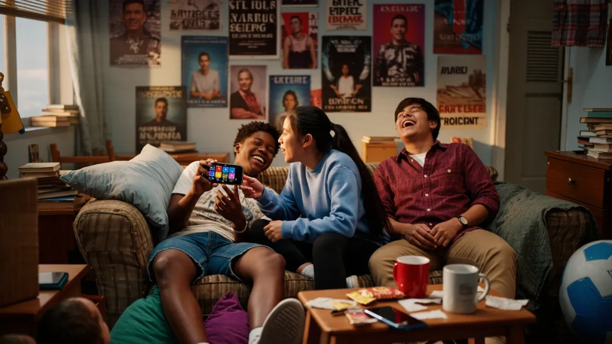 Young friends discussing films on a couch with phones and movie posters behind