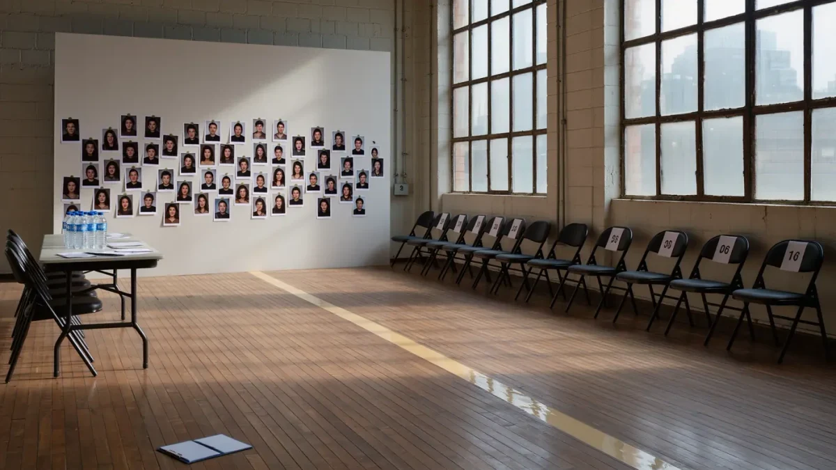 Empty casting studio with numbered seats, headshot wall and taped runway line