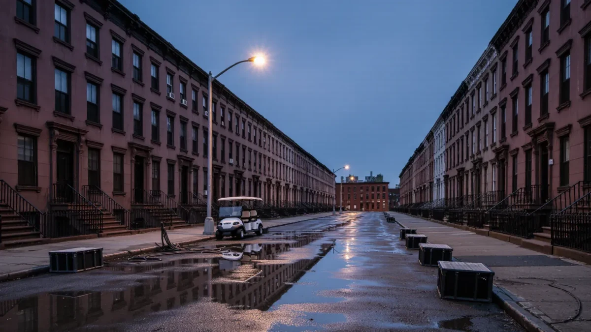 Empty studio backlot street at dusk after workforce cuts